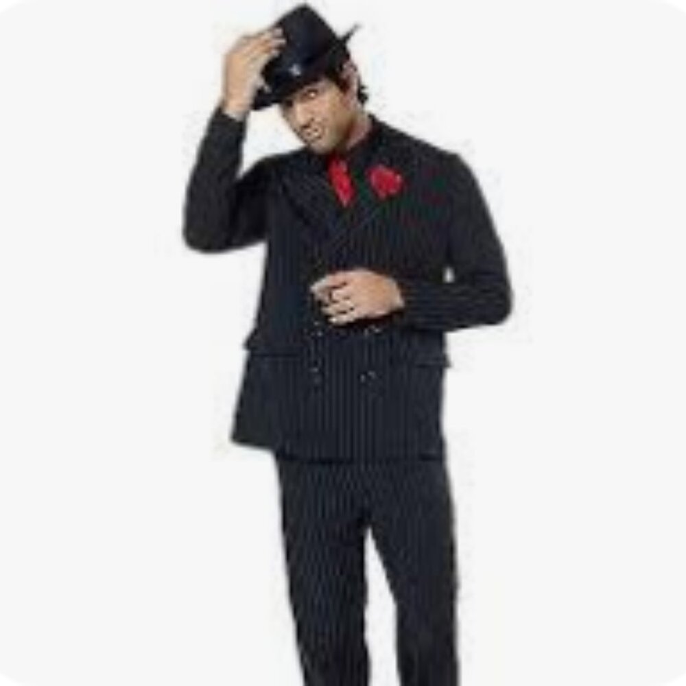 Men's 2XL Pinstripe Gangster Suit w/ Hat and Accessories